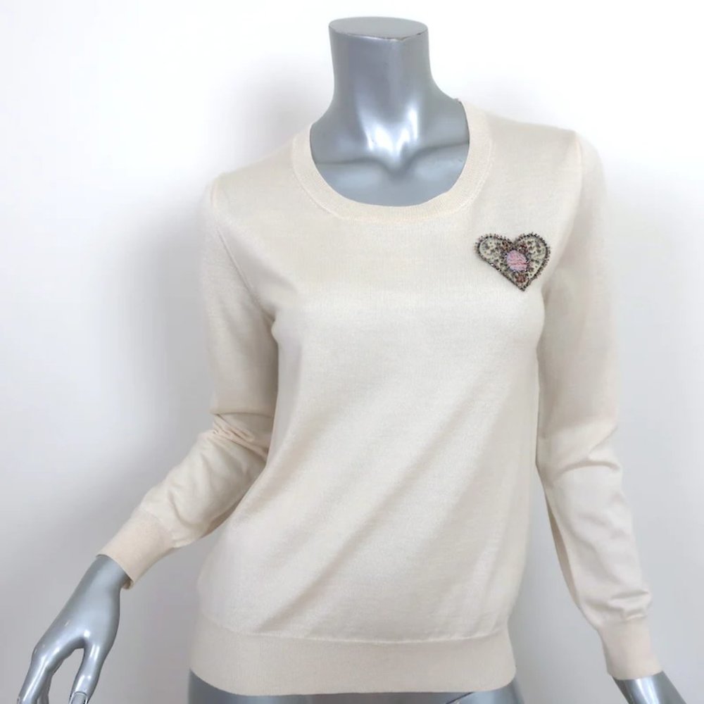 Christian Dior Beaded Heart Sweater Ivory Cashmere-Silk Size 40
